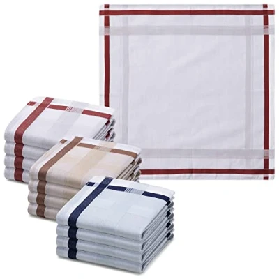 Immagine di JEMIDI Fazzoletti Cotone Uomo Set di 12 Stoffa per Naso Taschino Collo 40 x cm 100% Crema Grigio Blu con Bordo Marrone