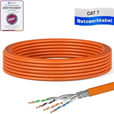 Immagine di HB DIGITAL cavo di rete CAT.7, 10 m, LAN, AWG 23, in puro rame S/FTP PiMF LSZH, privo alogeni, RoHS Compliant Ethernet, dati PoE Gbit/s, certificato GHMT arancione