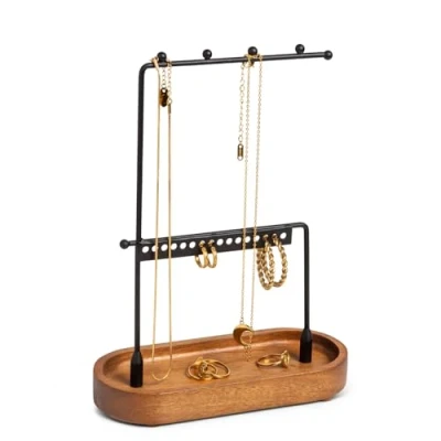 Immagine di KOOK TIME Espositore gioielli porta collane da appendere orecchini organizer con vassoio in legno di acacia per anelli, bracciali e altri piccoli 17.5x7x22 cm. Nero/Acacia