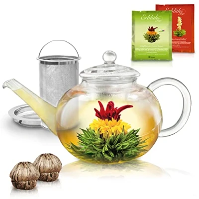 Immagine di Creano teiera in vetro 1,2 l include 2 fiori di tè con filtro integrato acciaio inossidabile e coperchio vetro, antigoccia
