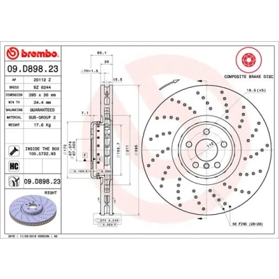 Immagine di BREMBO 09.D898.23 disco freno 395 36 5 perforato/ventilazione interna, a due pezzi rivestito ad alto tenore di carbonio con bulloni/viti