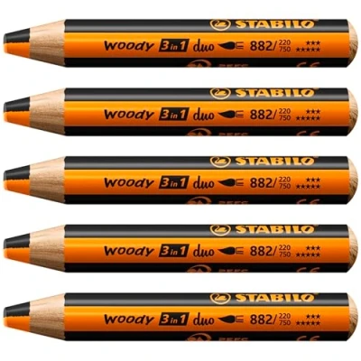 Immagine di Matita colorata Multi Funzione STABILO woody 3 in 1 duo Mina a 2 Colori Confezione da 5 Arancione/Nero