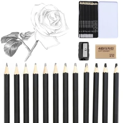 Immagine di Matita in Grafite (12 pezzi), Matite da Disegno, 2H, H, HB, B, 2B, 4B, 5B, 6B, 8B, morbido, medio, duro, Per Artisti Professionale, Principianti, Studenti, Con gomma e temperamatite, Nero