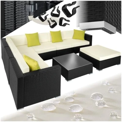 Immagine di TecTake® Set Lounge da Giardino Marbella in Polyrattan, Telaio Alluminio, Tavolino Salotto con Ripiano Vetro, Comode Poltrone, Cuscini Accessori Inclusi Nero