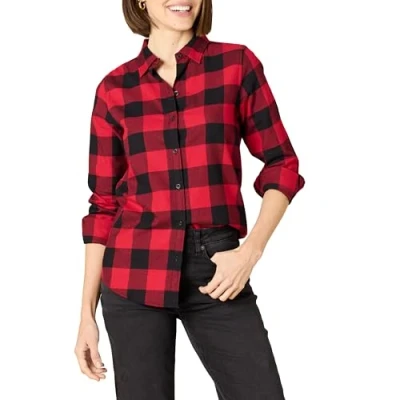 Immagine di Amazon Essentials Camicia in Flanella a Quadri Leggera Maniche Lunghe e vestibilità Classica Donna, Rosso Buffalo Check, L