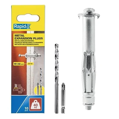 Immagine di Rapid Confezione da 10 Tasselli ad Espansione in Metallo per Pareti Cave Cartongesso e Truciolari dallo Spessore di 18 32 mm, Supportano fino un Carico 40 Kg