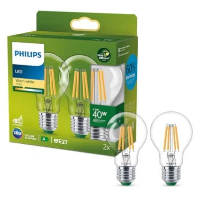 Immagine di Philips Lighting LED Lampadina A Goccia Classe Efficent, 2 Pezzi, 40W, E27, Luce Bianca Calda, non dimmerabile
