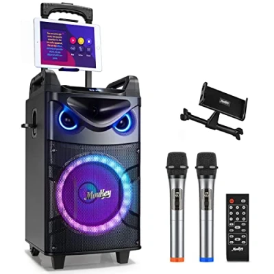 Immagine di Moukey Casse Karaoke con 2 UHF Microfoni wireless, Professionale Completo bassi/alti, Porta Tablet e Luci per feste, Altoparlante Bluetooth portatile Supporto TWS/REC/AUX/MP3/USB/TF/FM