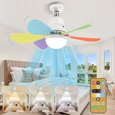 Immagine di BomKra Silenzioso ventilatore da soffitto con luce e telecomando, 30 W, presa E27, dimmerabile LED per camera, 6 pale, 3 velocità, tempistica
