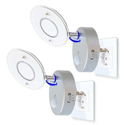 Immagine di Trango 2 pacchi Luce notturna a sensore LED TG2634 024 in argento con funzione automatica diretta 230 V di movimento sicurezza Lampada presa da parete orientamento
