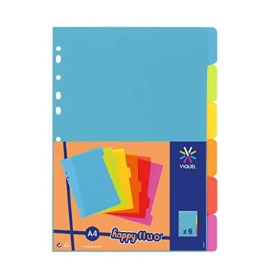 Immagine di Viquel Set di 6 divisori in plastica, formato A4 (21 x 29,7 cm), per raccoglitore A4, colore fluo