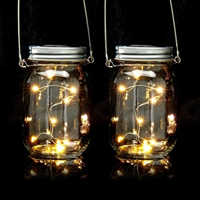 Immagine di Relaxdays Set da 2 Lampade Solari, in Barattolo, Ognuna con 8 Luci a LED Poggiare o Appendere, per Giardino, Trasparente