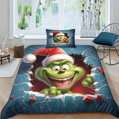Immagine di ITOMEN Grinch Di Natale 2 Pezzi Set Copripiumino 3D Stampa Digitale E Federe Con Cerniera Microfibra Morbido Biancheria Da Letto Per Bambini Single（135x200cm）