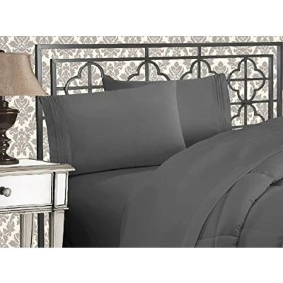 Immagine di Elegant Comfort Lussuoso set di lenzuola in microfibra qualità alberghiera, tre linee, ricamate, morbide, 4 pezzi, resistente alle pieghe e allo sbiadimento, matrimoniale, grigio