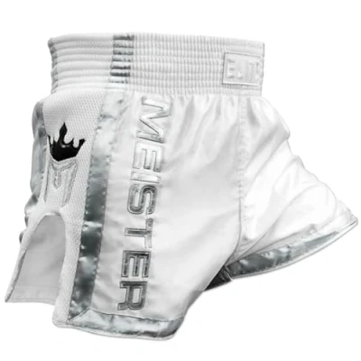 Immagine di Meister ELITE Muay Thai Shorts Completamente elastico in vita w/Mesh, Bianco / Argento, 48/49 IT