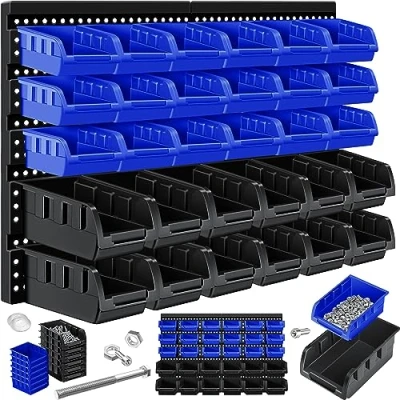 Immagine di Masko® Scatole Impilabili, Mensola a Muro, Portaoggetti Visibili, Inclinabile, Collegabile, 32 parti Nero/Blu