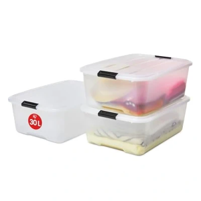 Immagine di Iris Ohyama Scatole Portaoggetti in Plastica Con Coperchio, 30L, Lotto di 3, Trasparente, Chiusura a Clip, Empilabile, Solido, Per Armadio, Garage, Casa, Ufficio, Organizzatore, TB 30