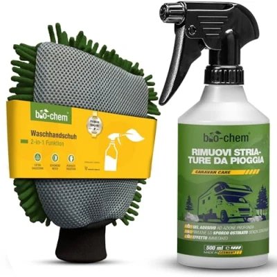 Immagine di bio chem Rimuovi Macchie di Pioggia per Parabrezza e finestrini Camper, Caravan Auto 0,5L + Guanto Lavaggio in Microfibra Prodotto vetri Ideale Le vostre Vacanze Camper