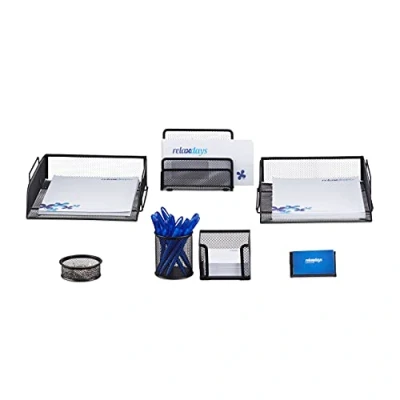 Immagine di Relaxdays Set da Scrivania, Cancelleria Ufficio, 7 Accessori, Portadocumenti, Porta Foglietti, Portapenne, Box, Nero