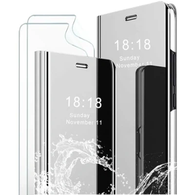 Immagine di MLOTECH Custodia per Samsung S20 Ultra,custodia+protezione schermo [2 pezzi] Flip Clear View Traslucido Specchio Standing 360Cover antiurto Smart Cover Bumper Argento