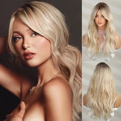 Immagine di Honygebia Parrucca bionda con frangetta Ondulato lungo Ombre Biondo parrucche per donne, donne naturali realistiche sintetiche resistenti al calore Halloween/Carnevale/Costumi/festa a tema