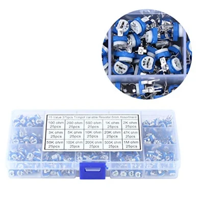 Immagine di Resistenza variabile imposta 15 valori 100ohm 1Mohm Kit assortimento di potenziometri trimmer con scatola, 375 pezzi