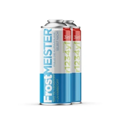 Immagine di FrostMEISTER 3 in 1 Set di ricarica per aria condizionata auto 2 barattoli da 400 ml refrigerante ricambio, olio compressore e sigillante R1234yf (dal 2017)