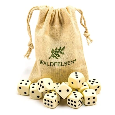 Immagine di Waldfelsen 6, 12, 20, 30 o 50 dadi di alta qualità, dimensioni standard 16 mm, acrilici, da gioco, 6 lati, set accessori gioco con sacchetto stoffa (colore avorio, 12 pezzi)