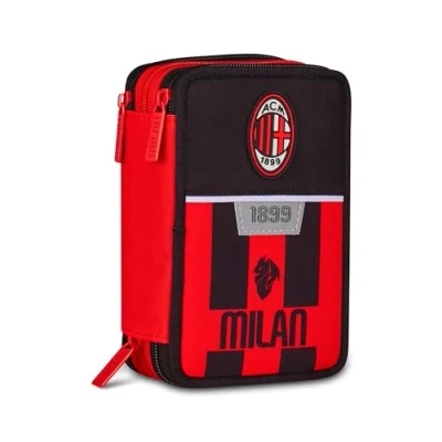 Immagine di Seven Milan Astuccio Scuola 3 Zip, Nero, Portapenne Triplo Scomparto Completo Di Penne, Matite, Colori, Accessori Zaino, Elementare, Bambino Calcio