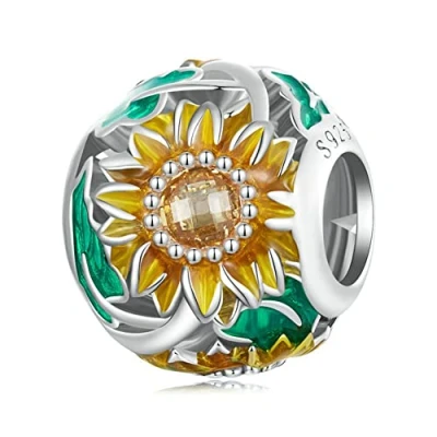 Immagine di Charm a forma di girasole in Argento sterling 925, con ciondolo rosa, per braccialetti Pandora,