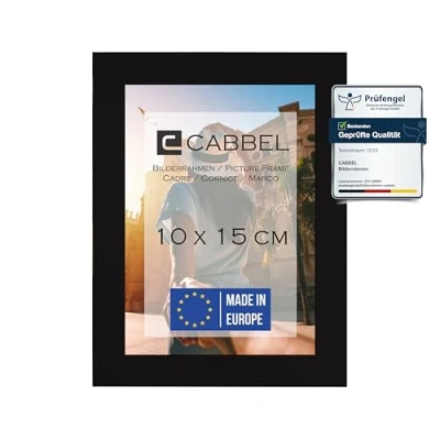 Immagine di CABBEL Cornice 10x15 cm, Nera, Robusta in Legno MDF, Vetro Plexi infrangibile, da Appendere e appoggio,
