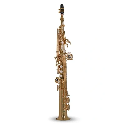 Immagine di Roy Benson Bb Soprano Saxophone SS 302 (design dritto con archi RND dritti e piegati opzionali, tasto F# alto bilanciere B/B, pad PISONI, custodia rettangolare leggera, comoda funzione zaino).