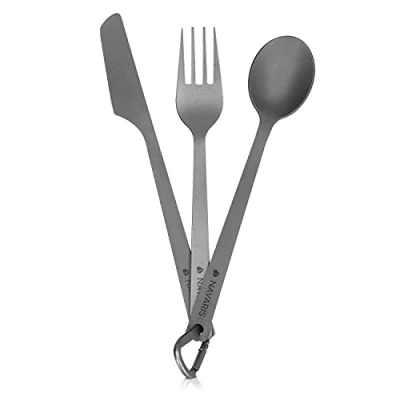 Immagine di Navaris Set Posate Campeggio Titanio 1 Persona Kit Forchetta Coltello Cucchiaio Leggero Camping Trekking Picnic con Borsa a Rete e Moschettone
