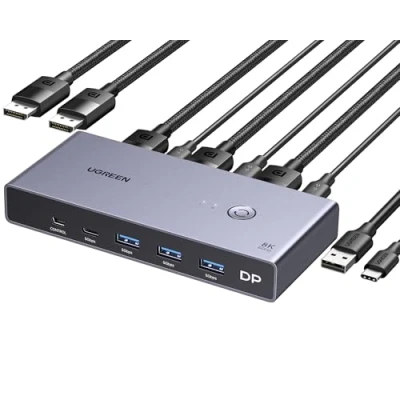 Immagine di UGREEN Switch KVM Displayport 8K 60Hz 2 Ingressi 1 Uscita DP 1.4 4K 240Hz Porta USB C 3 Porte A per Tastiera Mouse Disco Rigido Stampante Monitor con Controller e Cavi 1M