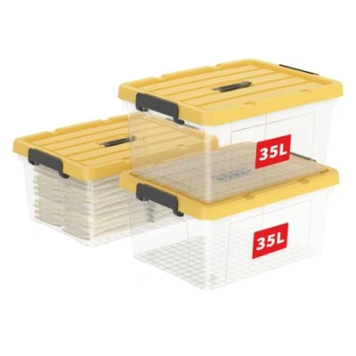 Immagine di Cetomo Scatola portaoggetti in plastica da 35 x 3, contenitore trasparente organizzativo con coperchio giallo durevole e fibbie di chiusura sicure, impilabile annidabile, confezione 3