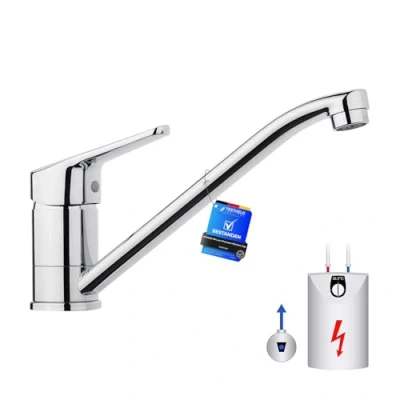 Immagine di IBERGRIF M14450 98 Miscelatore per lavello da cucina, roulotte, monoblocco con beccuccio girevole lungo, a bassa pressione, 360, ottone cromato