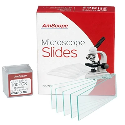 Immagine di Amscope, BS 72P 100S 22, 72 vetrini pre lavati, vuoti per microscopio, e 100 coprioggetto, antiaderenti, quadrati, 22 x mm