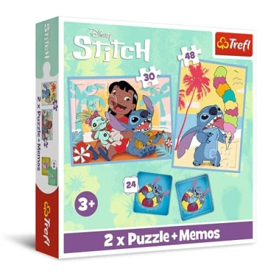 Immagine di Trefl Lilo &amp; Stitch, Una Giornata Felice di Lilo&amp;Stitch 3in1: 2 Puzzle + Memory Game, con gli Eroi della Fiaba, 30 e 48 Pezzi, 24 Giochi Memoria, Gioco per Bambini dai 3 anni