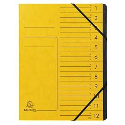 Immagine di Exacompta 541209E Classificatore spillato con elastici 12 scomparti interni in carta riciclata nera. Archiviazione di documenti A4 Giallo