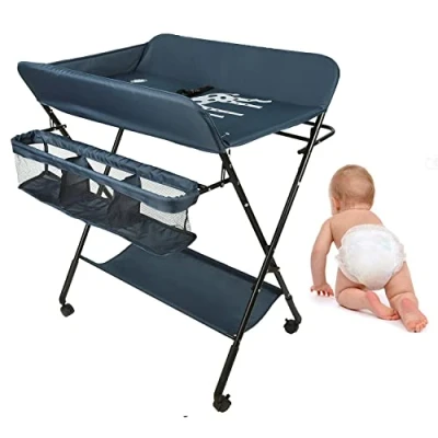 Immagine di OHMG fasciatoio pieghevole per bambini, con ruote, mobile fasciatoio, cintura di sicurezza e scomparti, impermeabile regolabile in altezza, stabile