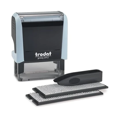 Immagine di Trodat Printy 4912 set di timbri in colore blu pastello, 4 righe testo, impronta 47 x 18 mm, con pinzette, tampone nero e lettere numeri due misure