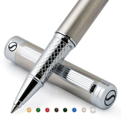 Immagine di Scriveiner Rollerball pen in Acciaio Inox Splendida penna di lusso metallo con finitura cromata argento, ricarica, miglior set regalo roller per uomini e donne