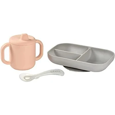 Immagine di Béaba, Set Pasti per Bambini in Silicone, 3 Pezzi, Piatto Diviso + Tazza Cucchiaio, Silicone Sano e Durevole, Lavabile Lavastoviglie, Adatto a Microonde, Rosa