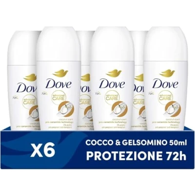 Immagine di Dove, Deodorante Roll On Advanced Care Cocco, Antitraspirante, Formula Delicata Con Tripla Azione Idratante, Protezione Fino a 48 Ore, Uomo e Donna, 6 Pezzi da 50 ml
