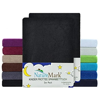 Immagine di NatureMark FROTTEE Set di 2 lenzuola con angoli elasticizzati per lettino e bambini, 70 x 140 cm, colore: Nero