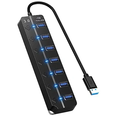 Immagine di HORJOR Hub USB 3.0 Ciabatta Multi Presa USB, 7 Porte Sdoppiatore con Singoli Interruttori e Spie LED