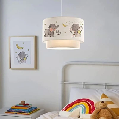 Immagine di lux.pro Lampada a Sospensione per Cameretta Altezza: 70 cm Lampadario Bambini da Soffitto con Paralume Doppio in Tessuto Bianco Motivo Elefante