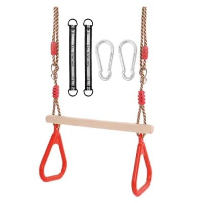 Immagine di Morwealth altalena a trapezio in legno multifunzionale per bambini con anelli plastica ginnastica appendere fino un carico di 120 kg uso interno ed esterno (Rosso)