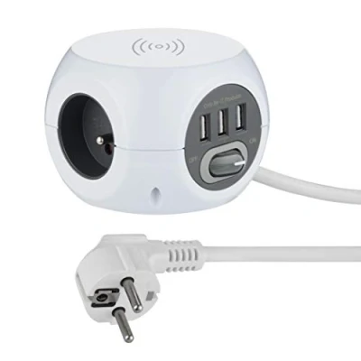 Immagine di Electraline 35444 Mini Cube con caricatore rapido senza fili, Fast Wirelss Charger Qi, 3 porte USB 2.4A, blocco prese interruttore, prolunga multipla 1,5 m, colore: Bianco