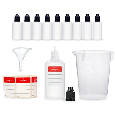 Immagine di 10x bottiglie per liquidi da 50 ml con imbuto + misurino etichette, ad es. e sigarette elettroniche, di plastica LDPE, il dosaggio
